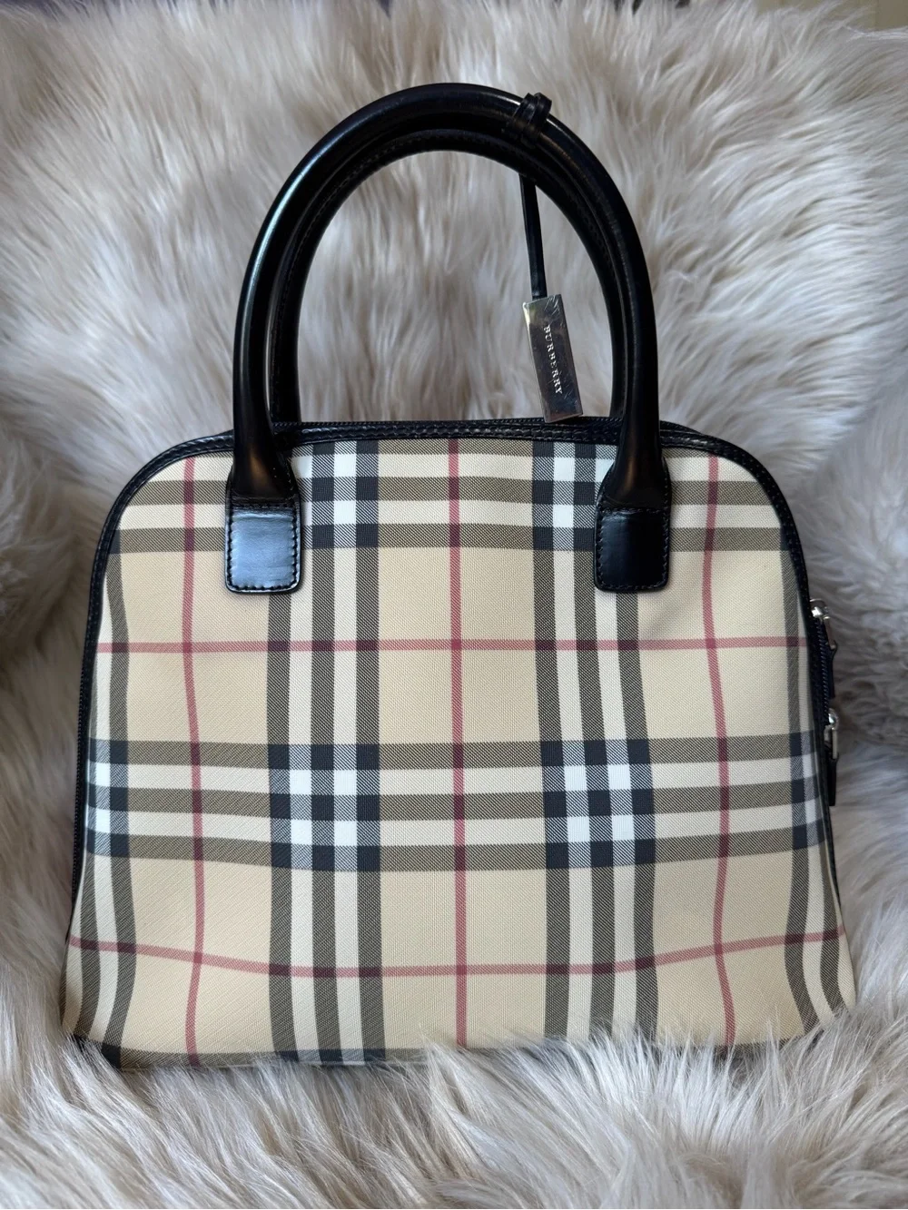 Plaid Dome Satchel in Beige with Black Trim